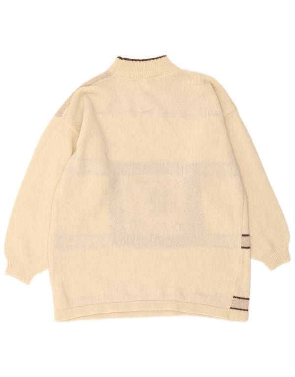 vintage Womens Turtle Neck Jumper Pull UK 16 Grande laine rayée beige