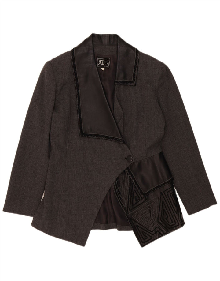 vintage Femme 1 Bouton Blazer Veste IT 46 Grande Laine Géométrique Grise