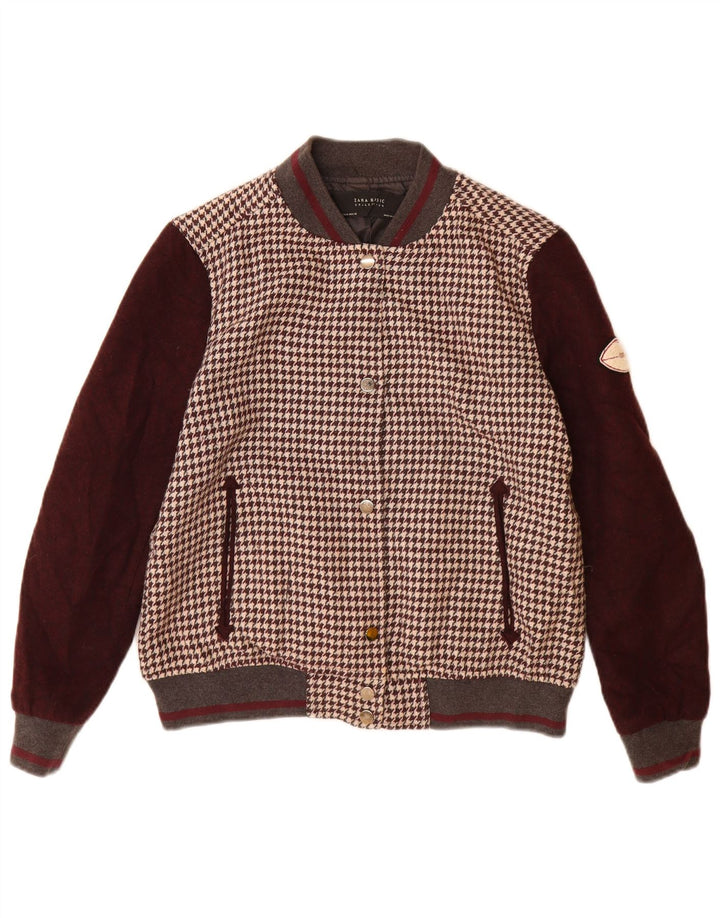 Zara Veste Varsity Femme UK 14 Acrylique pied-de-poule marron moyen