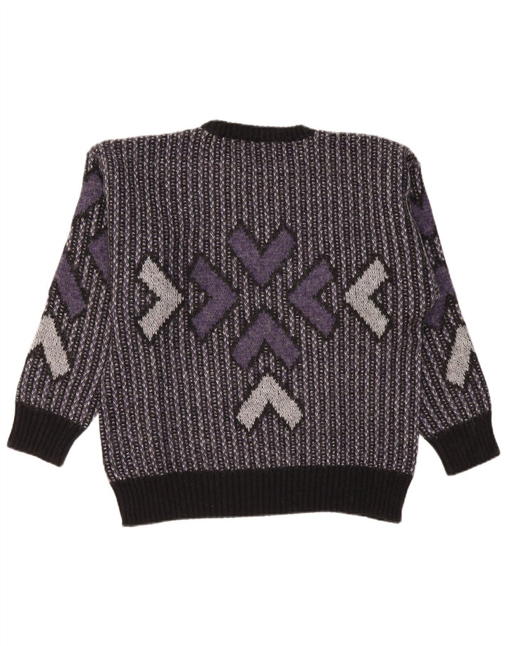 VINTAGE Femme Crew Neck Jumper Pull UK 16 Grande Laine Géométrique Violette