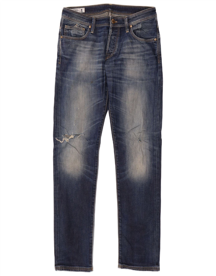 Uniform Mens Graphic Distressed Slim Jeans W32 L33 Bleu Coton