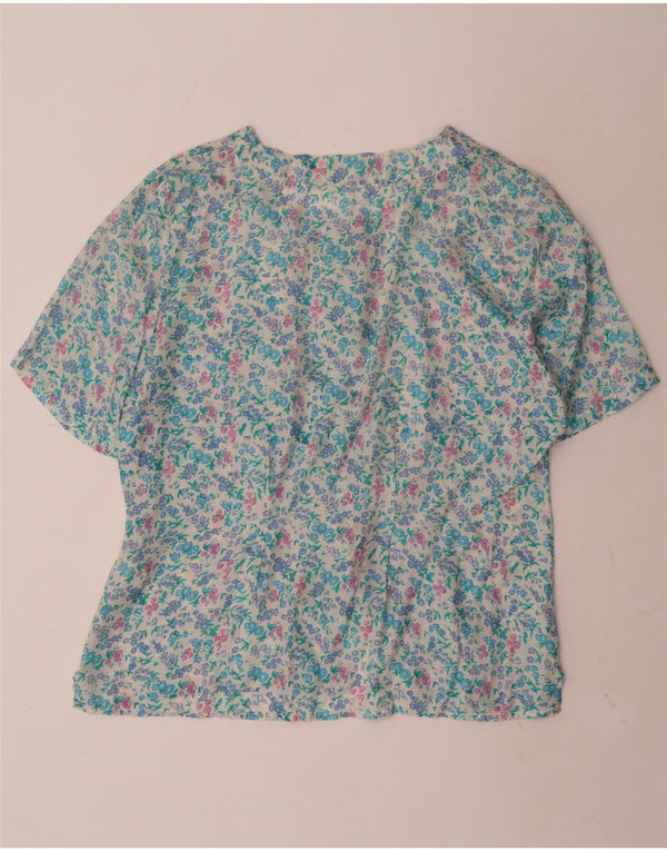 vintage Femme Chemise À Manches Courtes Blouse UK 16 Grande Soie Florale Blanche