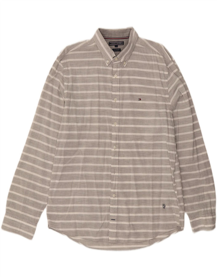 TOMMY HILFIGER Mens Shirt Large Grey Striped Vintage Tommy Hilfiger and Second-Hand Tommy Hilfiger from Messina Hembry 