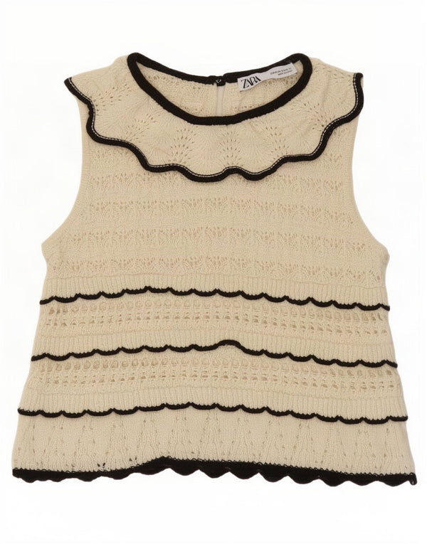 Zara Chemisier court sans manches en tricot pour femme UK 12 Medium Off White Rayé