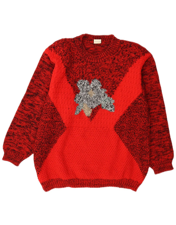 vintage Womens Graphic Crew Neck Jumper Pull UK 14 Moyen Rouge Moucheté