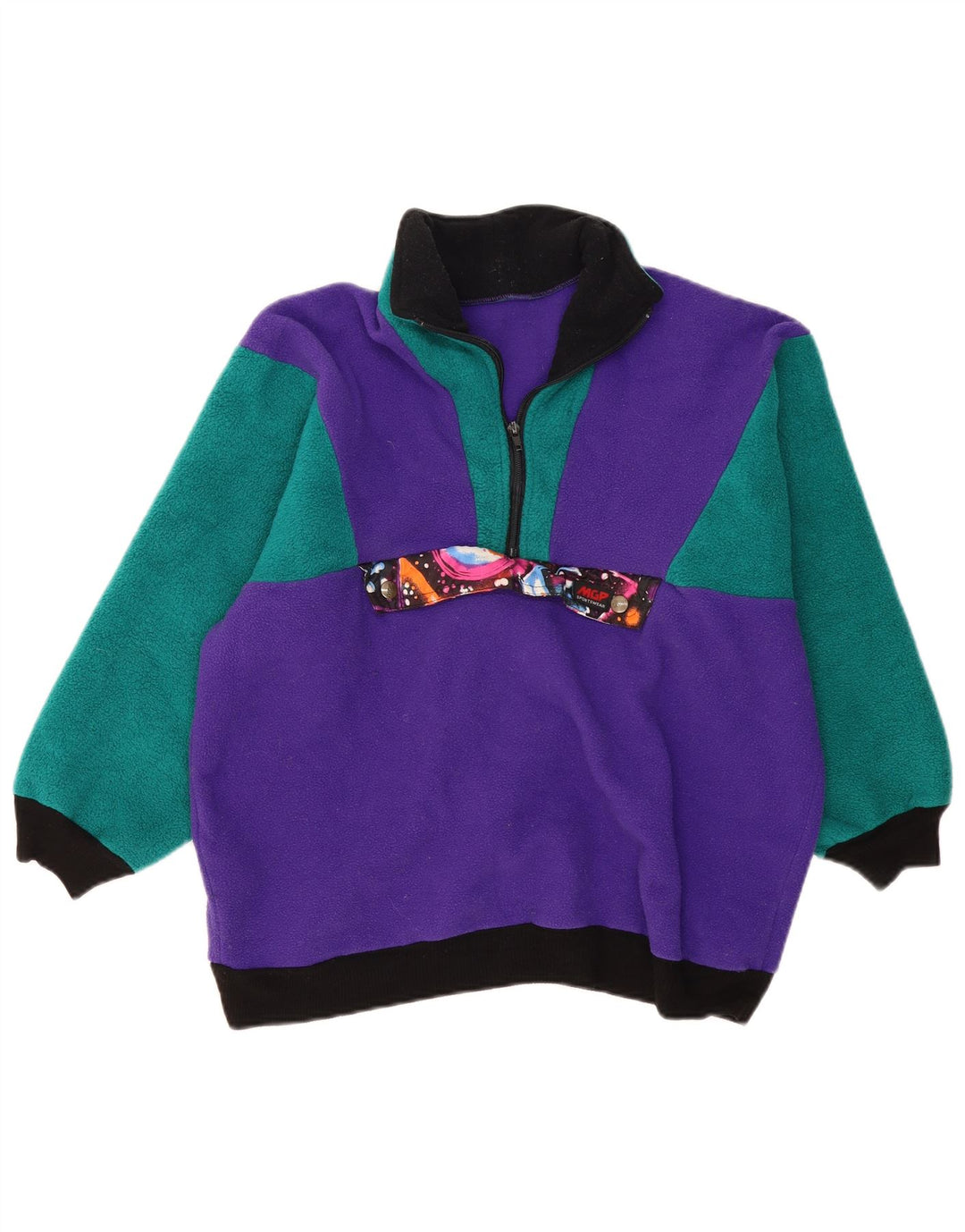 VINTAGE Femme Pull polaire surdimensionné UK 10 Petit Purple Colourblock