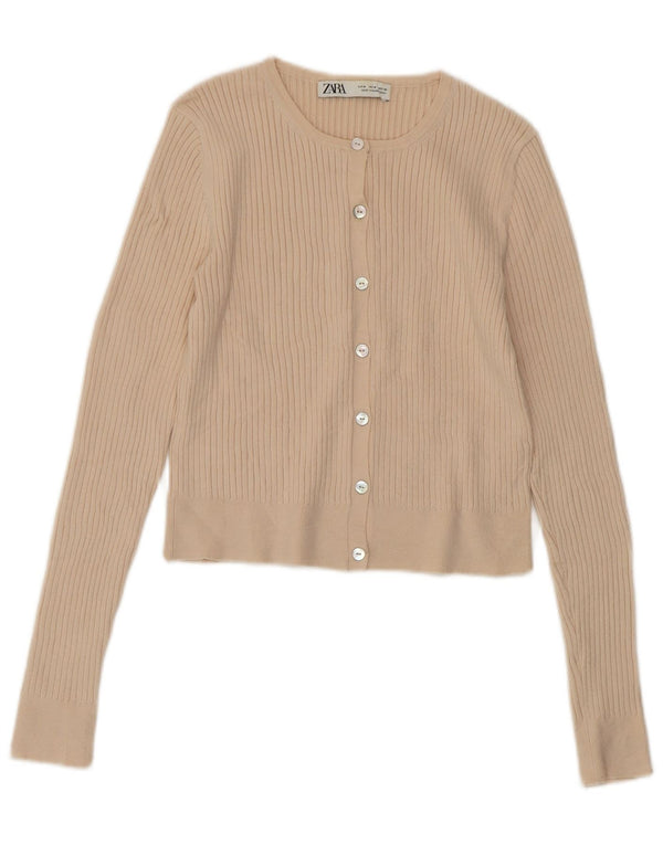ZARA Femme Crop Cardigan Pull UK 12 Medium Beige Viscose