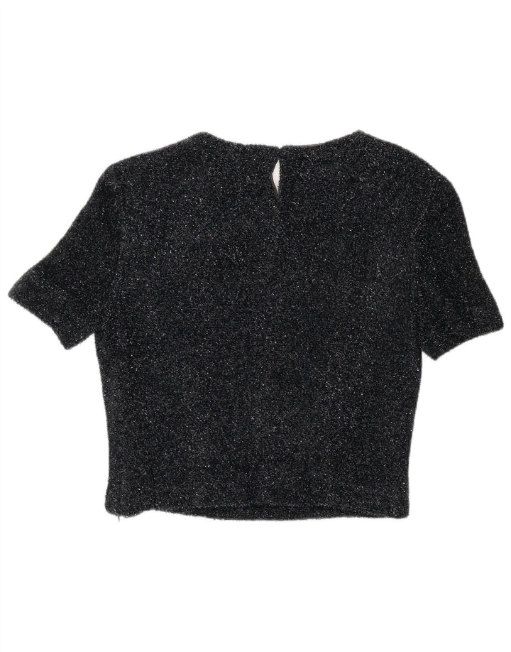 vintage Womens Crop Blouse Top EU 42 Grand Polyester Moucheté Noir