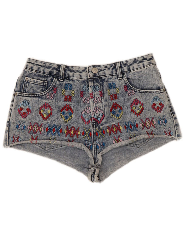 Topshop Pantalon chaud en denim taille haute pour femme UK 12 Medium W30 Bleu géométrique