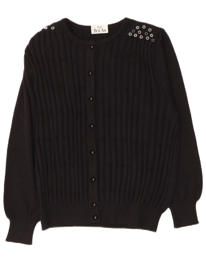 vintage Femme Cardigan Pull UK 14 Laine Vierge Noire Moyenne