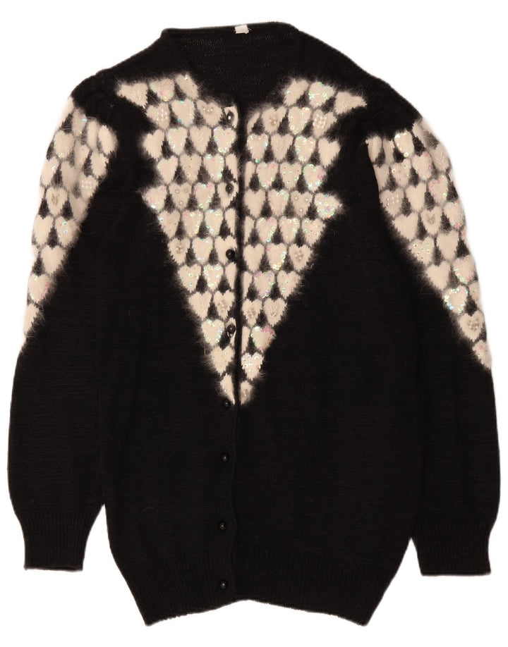 vintage Femme Cardigan Pull EU 38 Coeur Polyacrylique Noir Moyen