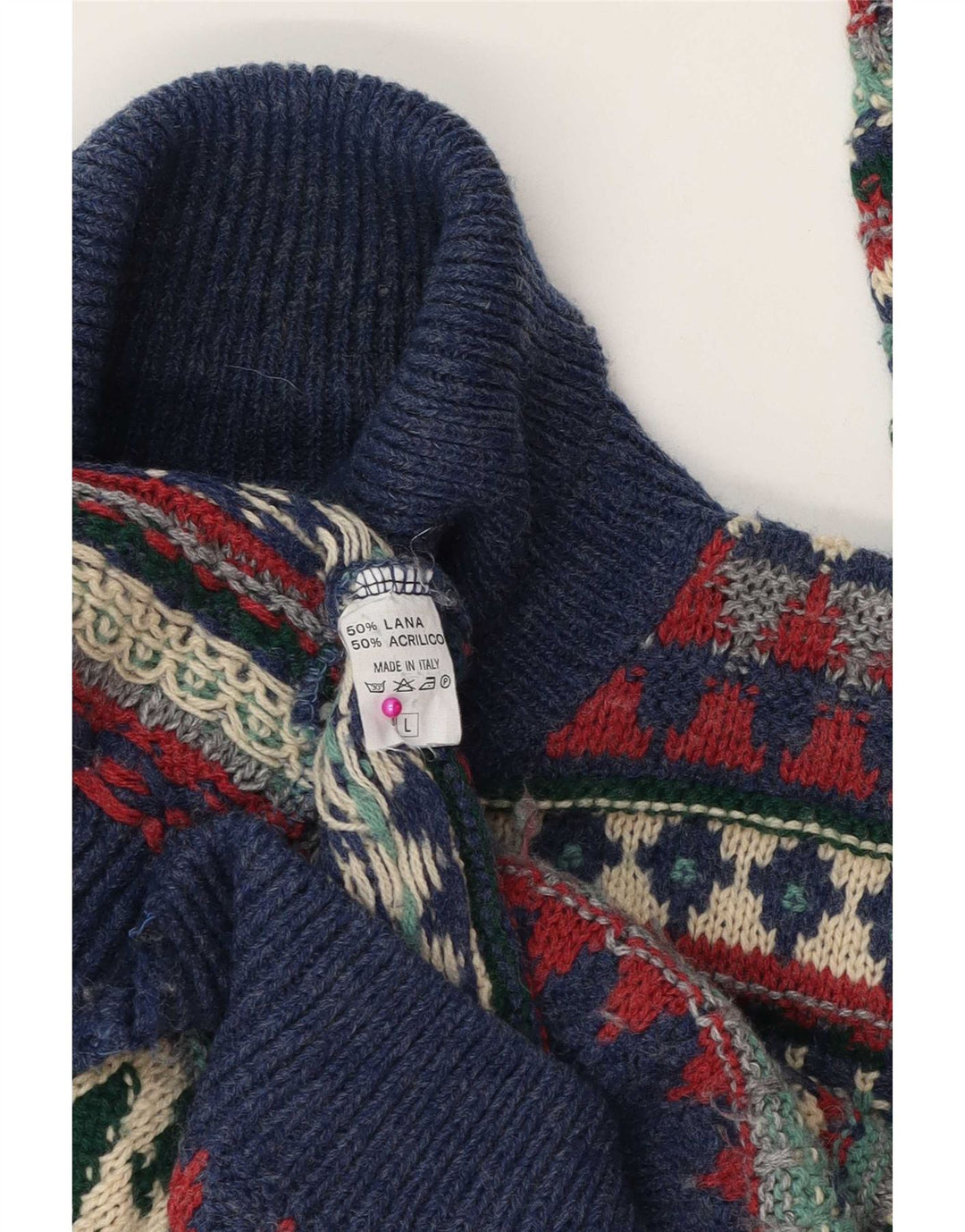 vintage Mens Roll Neck Jumper Pull Grande laine Fair Isle multicolore