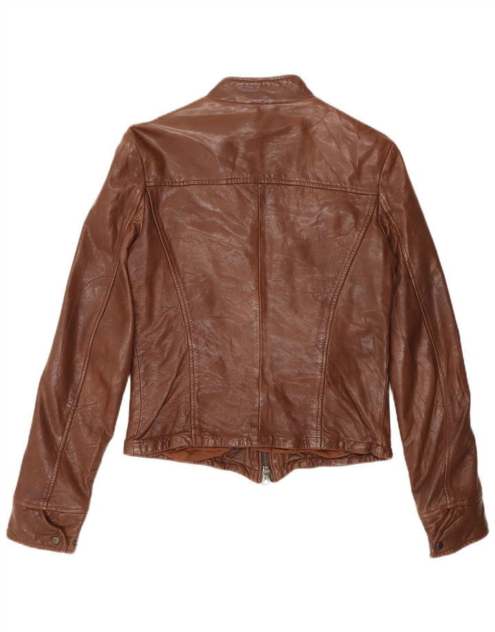 Zara Veste de motard en cuir pour femme UK 12 Marron moyen