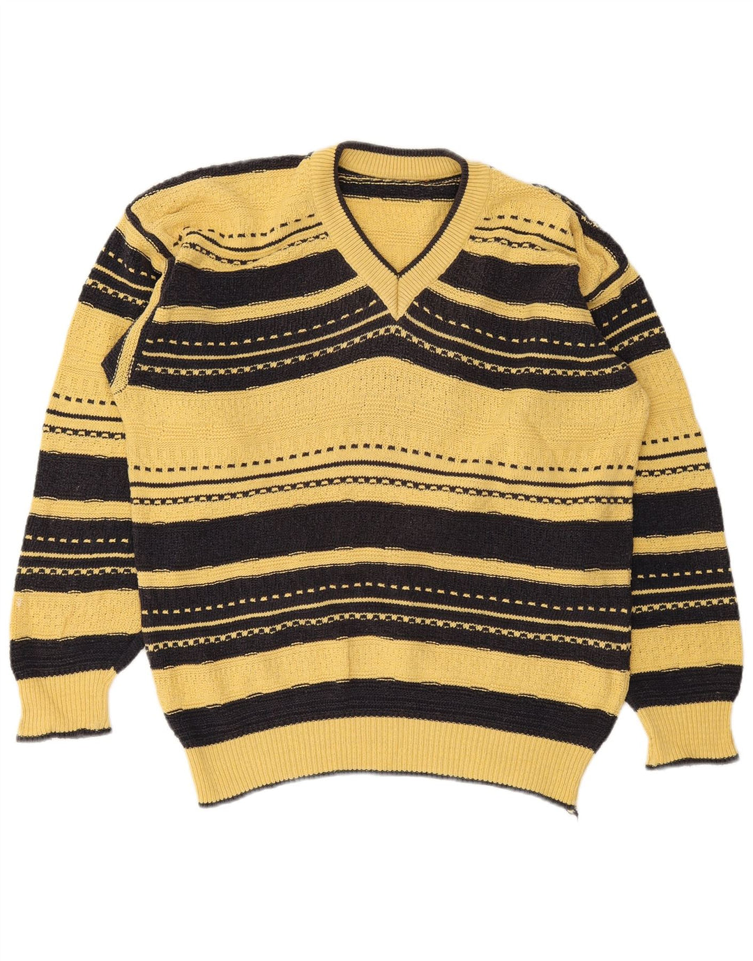 vintage Mens V-Col Jumper Pull Grand Jaune Rayé
