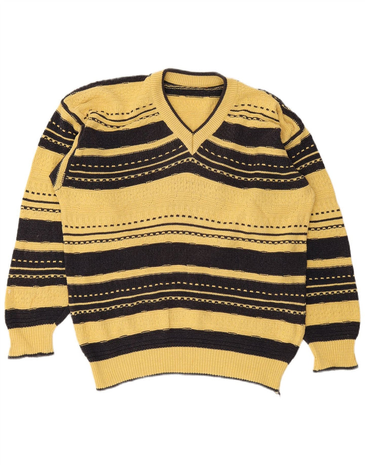 vintage Mens V-Col Jumper Pull Grand Jaune Rayé