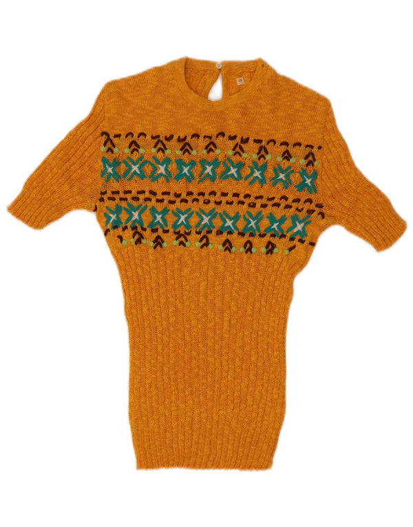 vintage Femme Tricot Blouse Top IT 48 XL Jaune Fair Isle