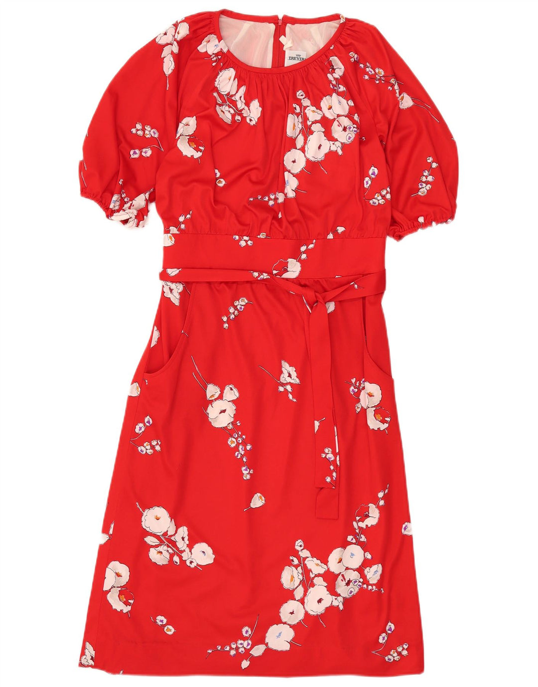 Trevira Femme Robe Trapèze IT 40 Petit Rouge Floral Polyester