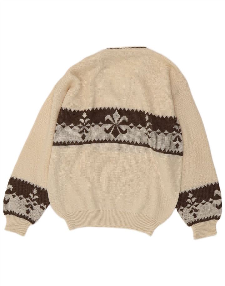 vintage Mens V-Col Jumper Pull Grande Laine Fair Isle Blanche