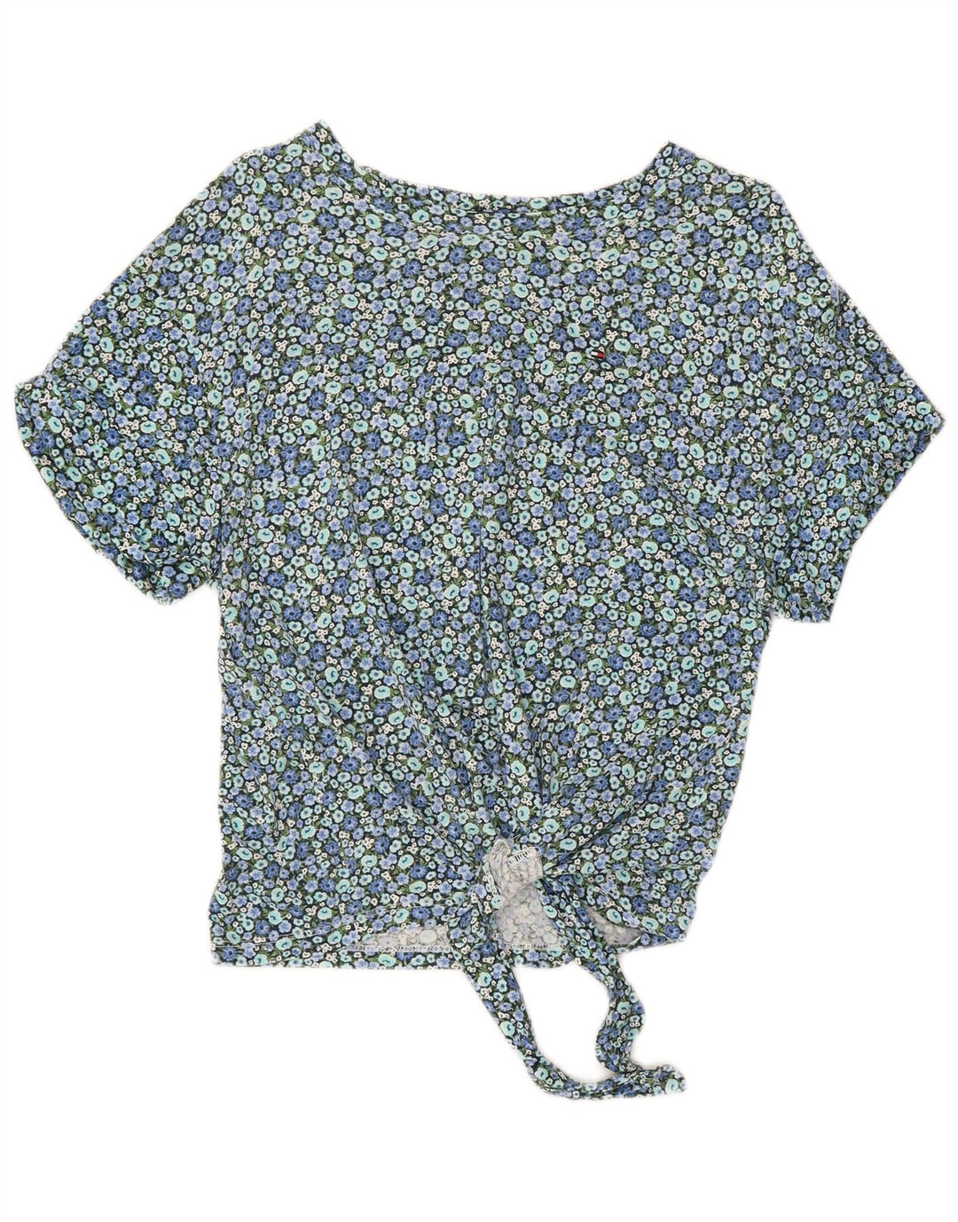 TOMMY HILFIGER Femmes Crop Blouse Top UK 10 Petit Bleu Floral Coton