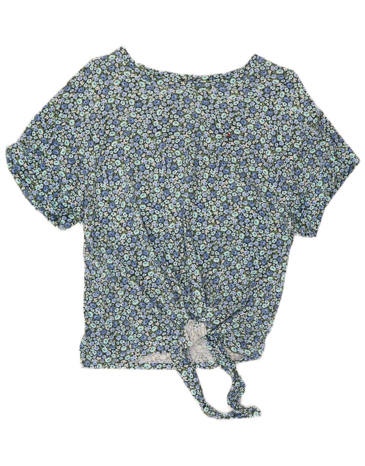 TOMMY HILFIGER Femmes Crop Blouse Top UK 10 Petit Bleu Floral Coton