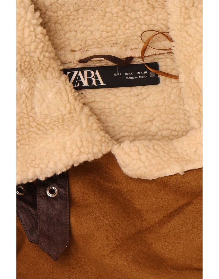 Zara Veste Sherpa Femme UK 16 Large Marron Polyester