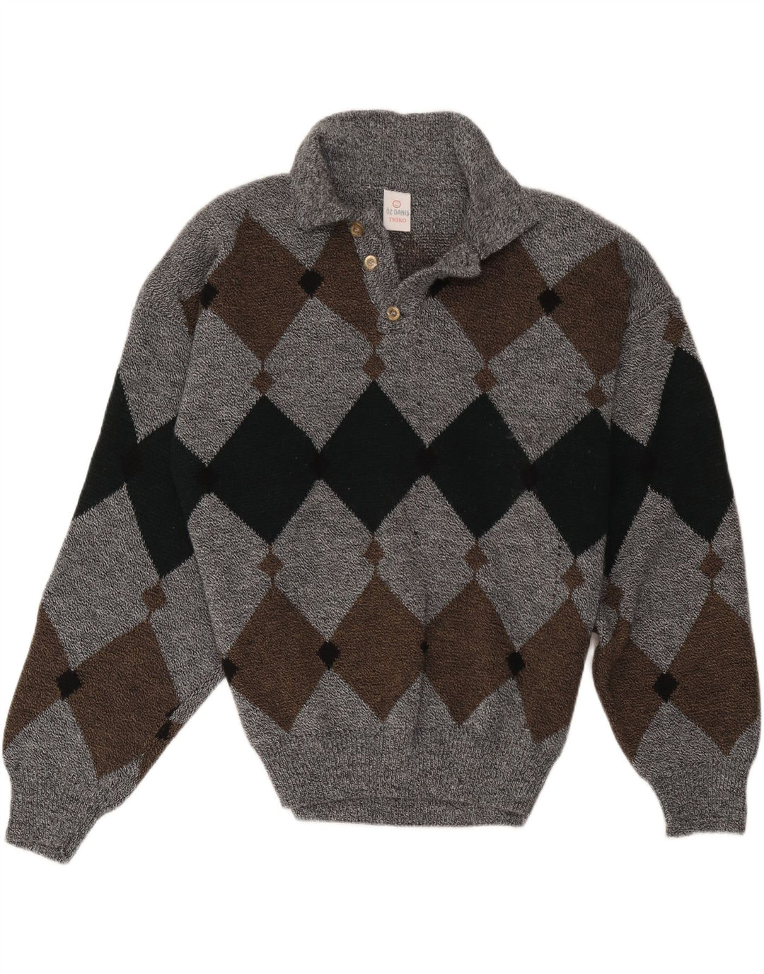vintage Mens Polo Neck Jumper Pull Grand Gris Argyle/Diamant
