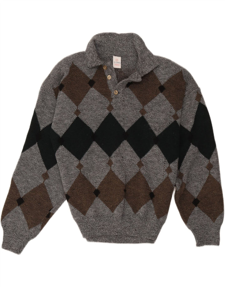 vintage Mens Polo Neck Jumper Pull Grand Gris Argyle/Diamant