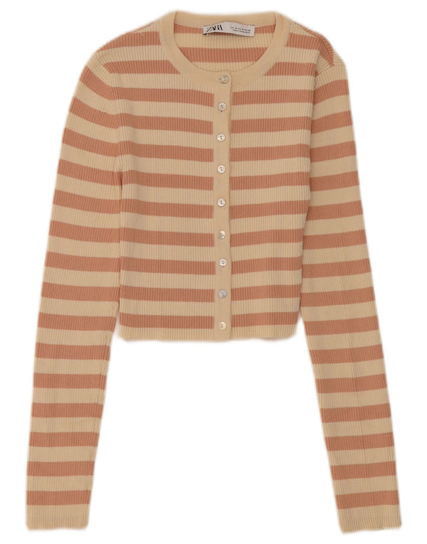 Zara Womens Crop Cardigan Top UK 12 Nylon rayé beige moyen