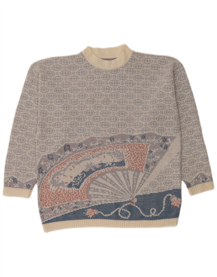 vintage Mens Crew Neck Jumper Pull Bleu Moyen Fair Isle