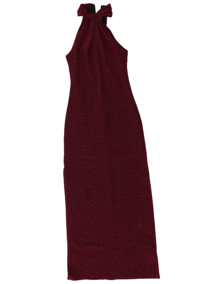 vintage Femmes Maxi Halter Robe UK 8 Petit Marron Moucheté Polyester