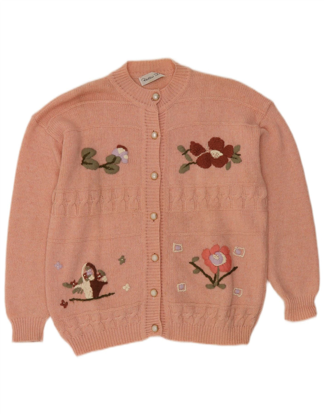 VINTAGE Femme Cardigan Pull UK 16 Grande Laine Florale Rose