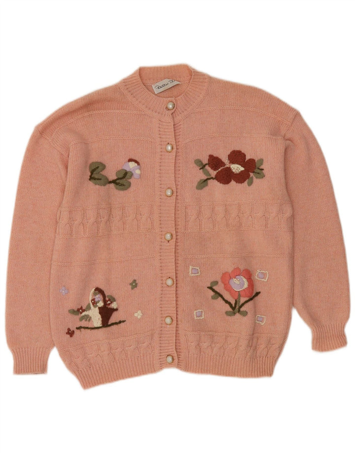 VINTAGE Femme Cardigan Pull UK 16 Grande Laine Florale Rose