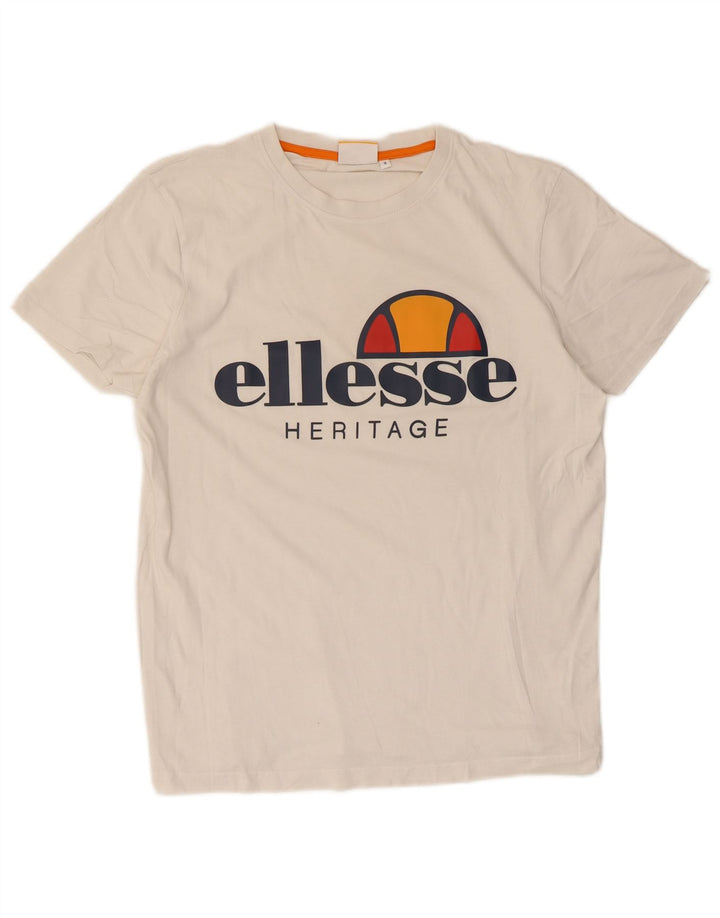 Ellesse Homme Heritage Graphic T-Shirt Top Petit Blanc Coton