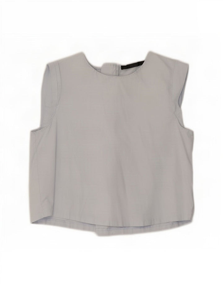 Zara Womens Crop Blouse Top UK 12 Bleu Moyen Coton