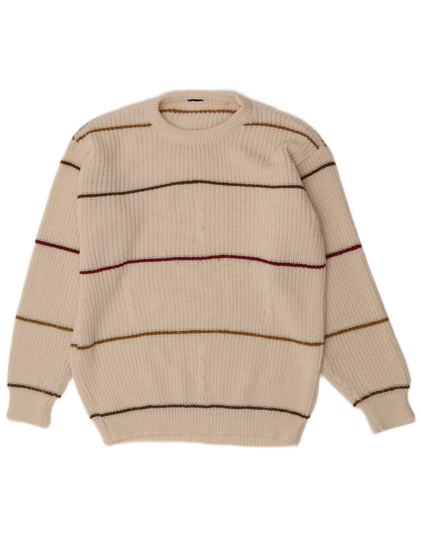 vintage Mens Crew Neck Jumper Pull Moyen Blanc Rayé Acrylique