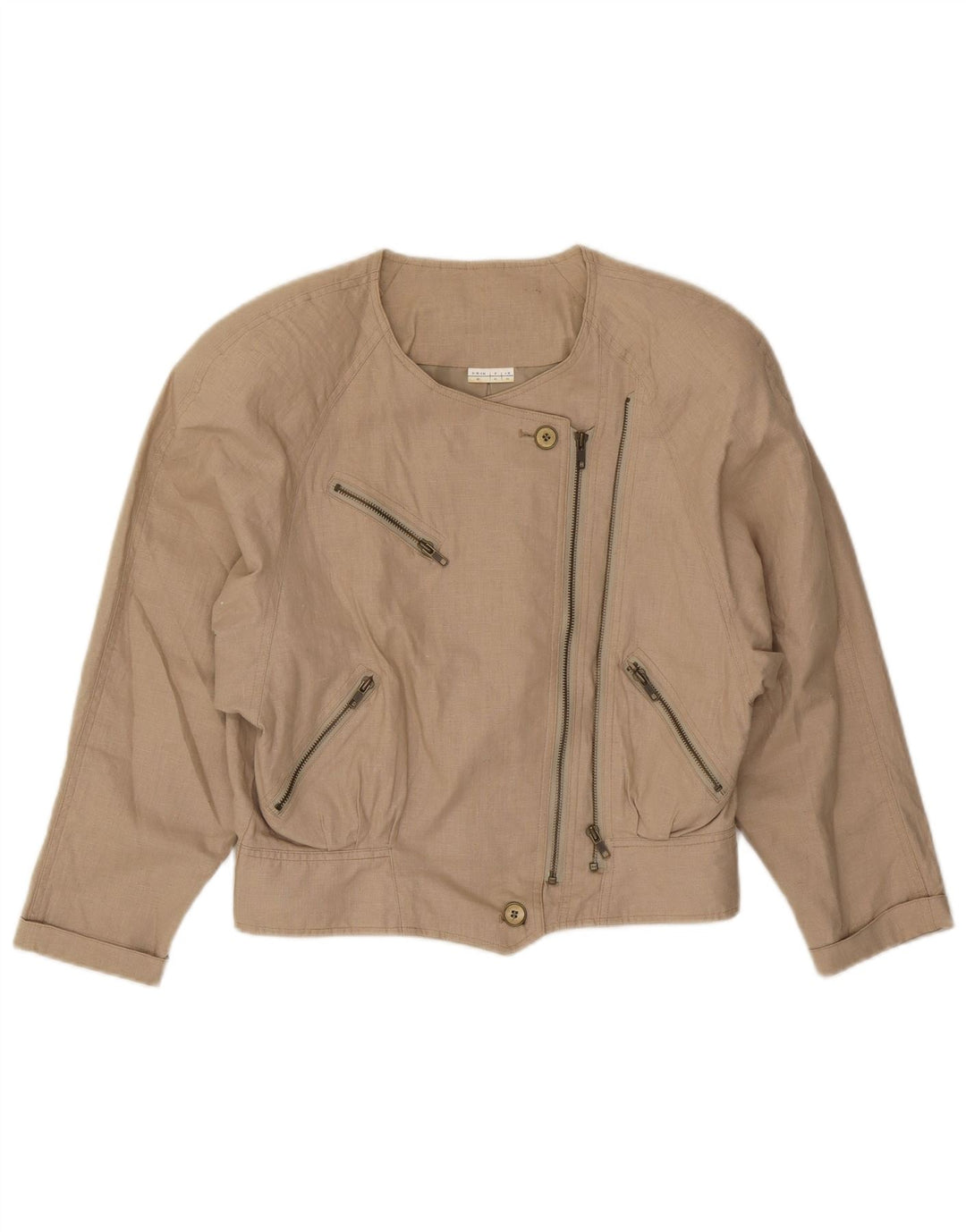 Veste Bomber Femme Vintage IT 44 Motard En Lin Beige Moyen