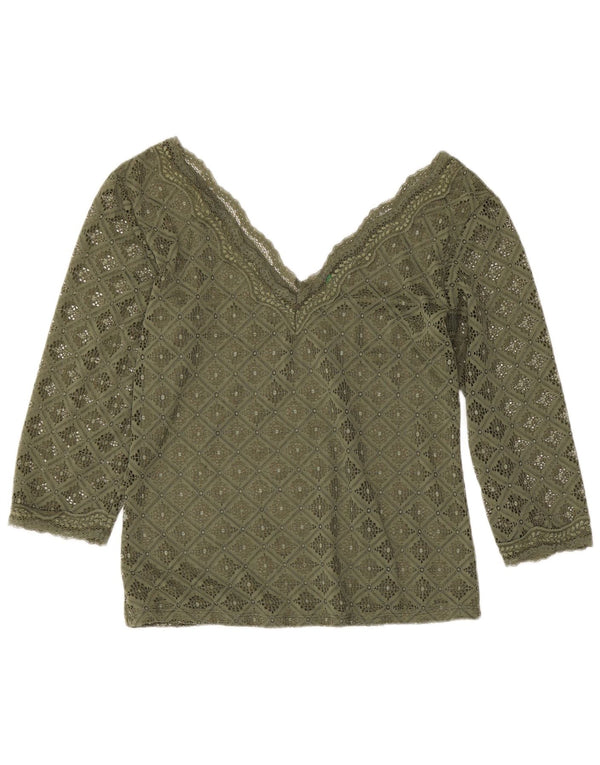 Benetton Chemisier en dentelle à manches 3/4 pour femme UK 42 Kaki moyen géométrique