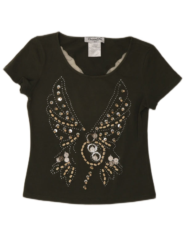 Christian Dior T-shirt graphique pour femme UK 14 Papillon kaki moyen