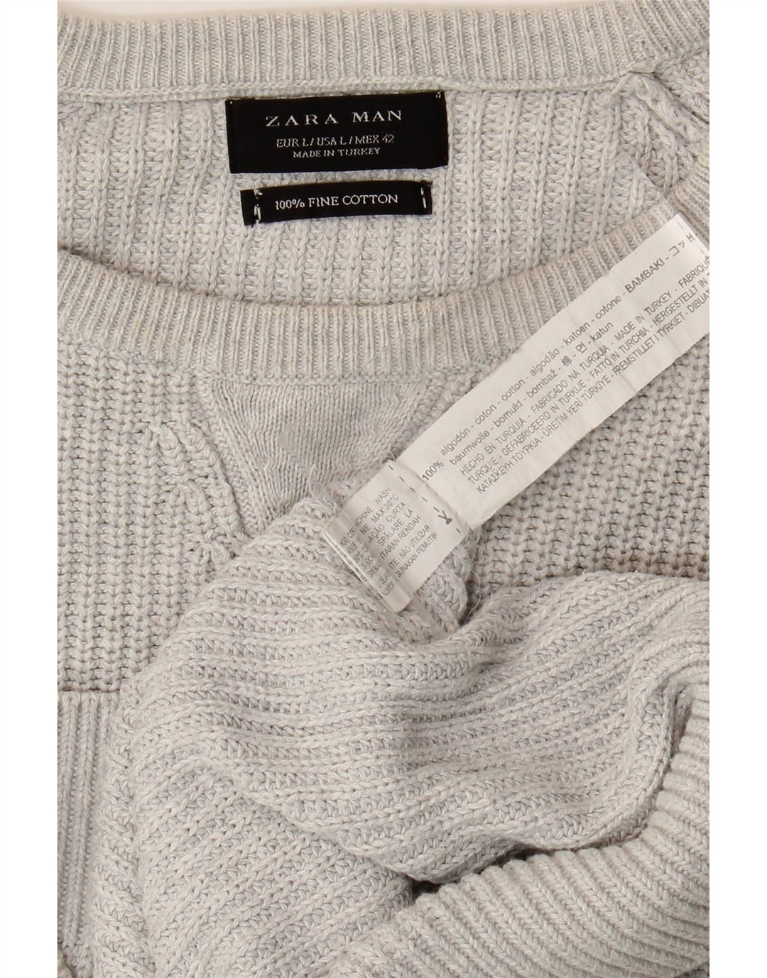 ZARA Pull à col rond pour homme en coton gris Large