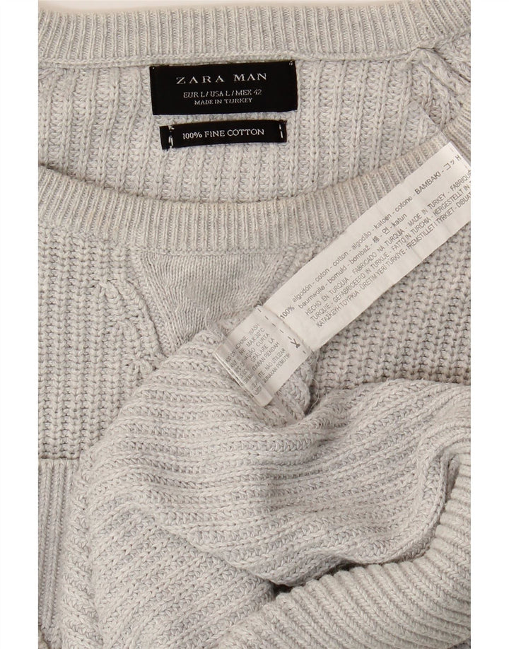 ZARA Pull à col rond pour homme en coton gris Large
