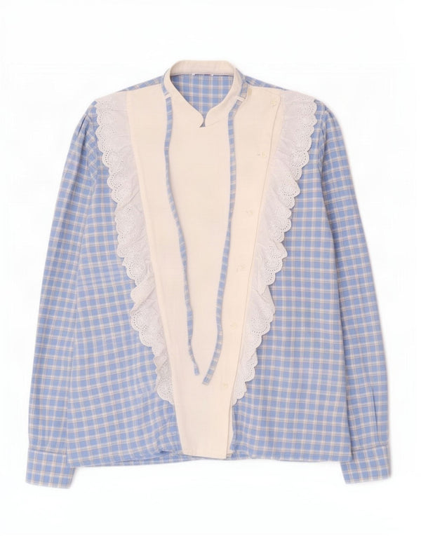 vintage Femme Ruffle Front Shirt UK 16 Grand Carreau Bleu