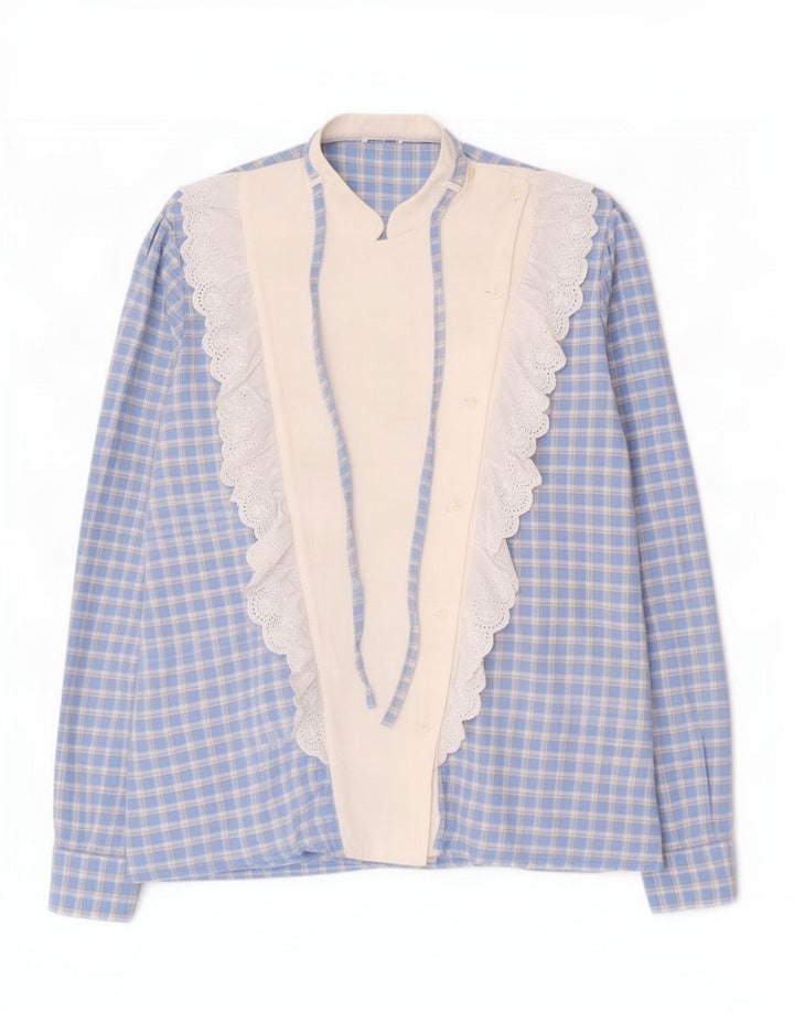 vintage Femme Ruffle Front Shirt UK 16 Grand Carreau Bleu