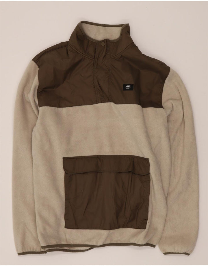Vans Pull polaire à col boutonné pour homme, grand, blanc, color block, polyester