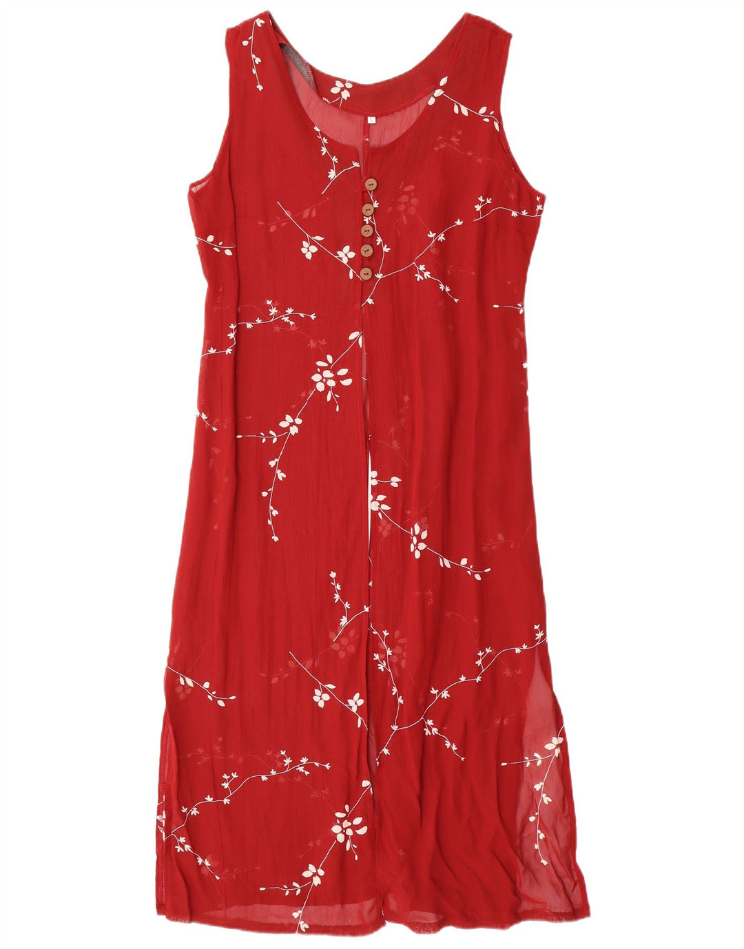 VINTAGE Femme Robe Maxi sans manches UK 14 Grande Viscose Florale Rouge