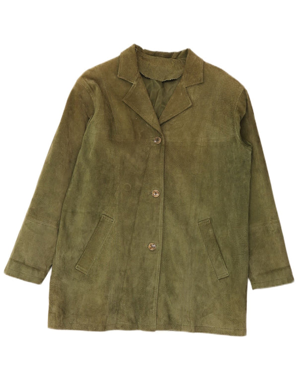 vintage Femme 3 Boutons Blazer En Daim Veste IT 42 Cuir Kaki Moyen