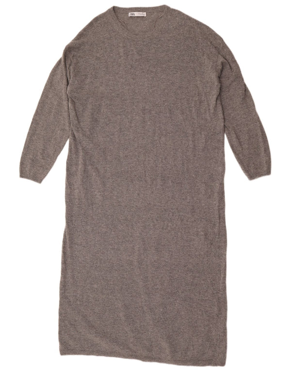 Zara Femme Maxi Robe Pull à Manches Longues UK 14 Laine Gris Moyen