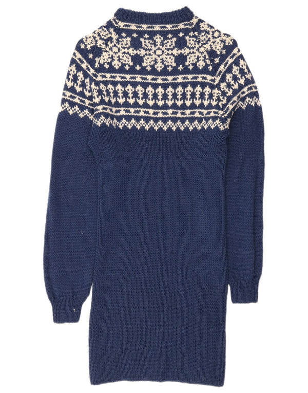 vintage Femme Manches Longues Jumper Robe UK 10 Petit Bleu Fair Isle