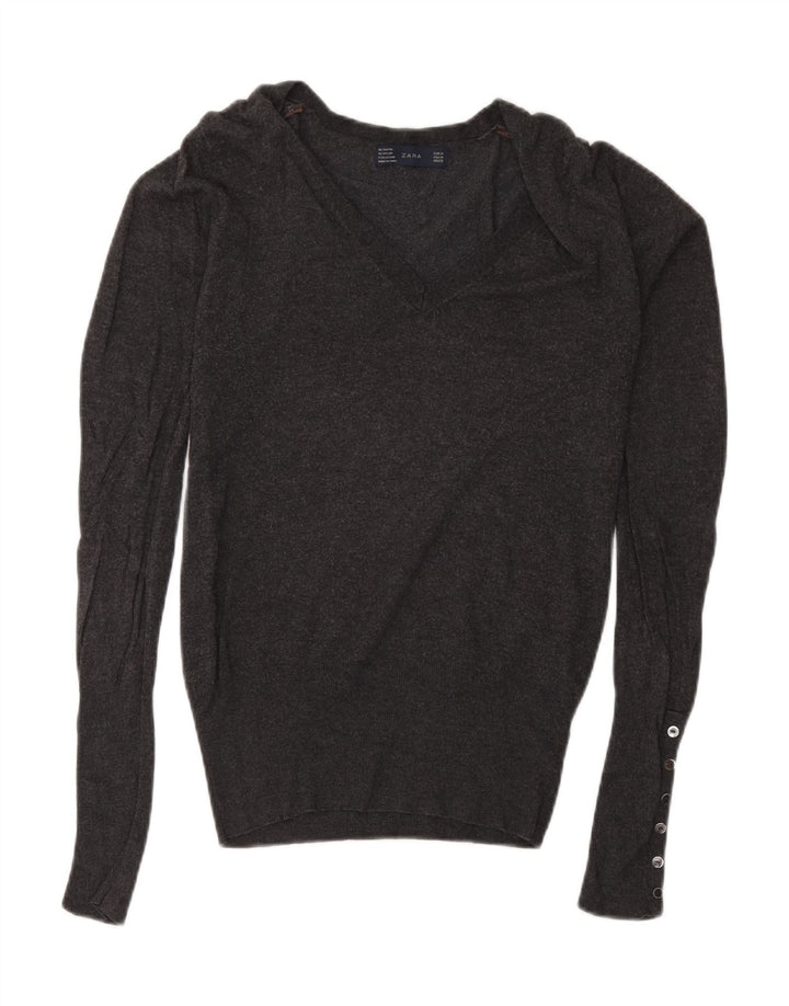 Zara Pull col V pour femme UK 12 Rayonne mouchetée Gris moyen