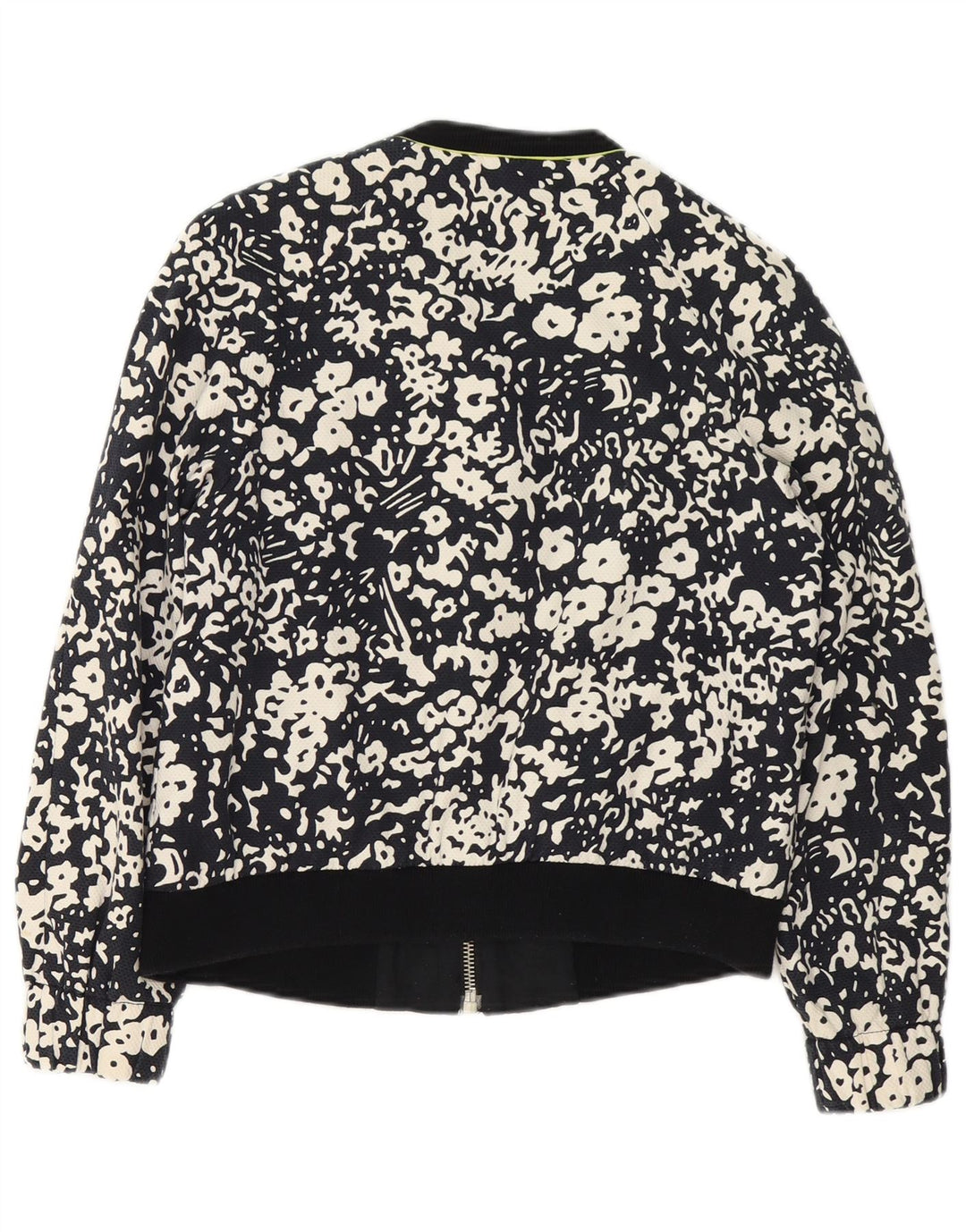 Zara Womens Full Zip Bomber Jacket UK 14 Moyen Noir Floral Coton