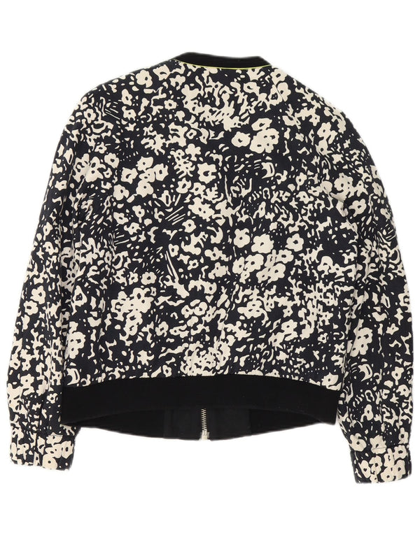Zara Womens Full Zip Bomber Jacket UK 14 Moyen Noir Floral Coton